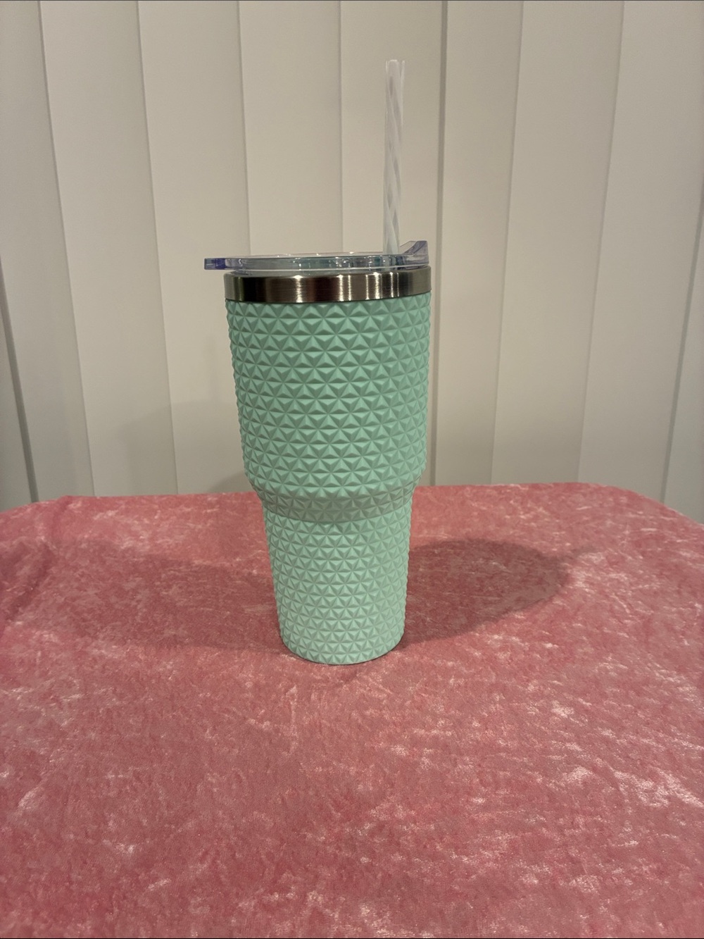 Mint Textured Stainless Steel Rim Travel Tumbler with Straw